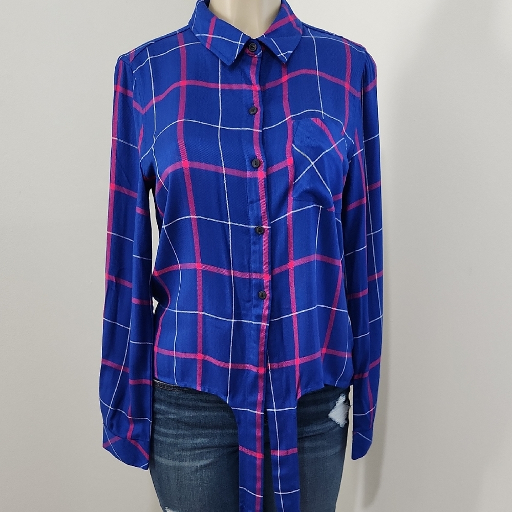 Sanctuary Women's Blue and Pink Checkered Button-Down Shirt Saze S